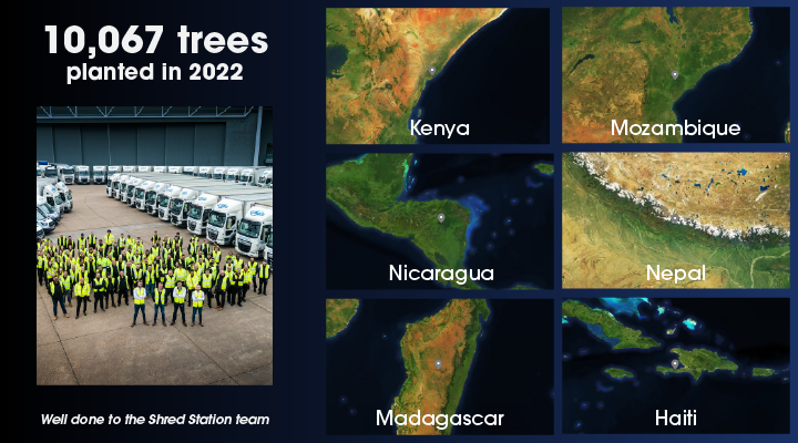 Maps showing locations of trees planted by Shred Station in 2022