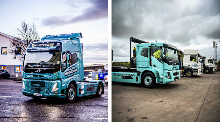 Two electric HGVs at Shred Station - an articulated lorry and a hooklift