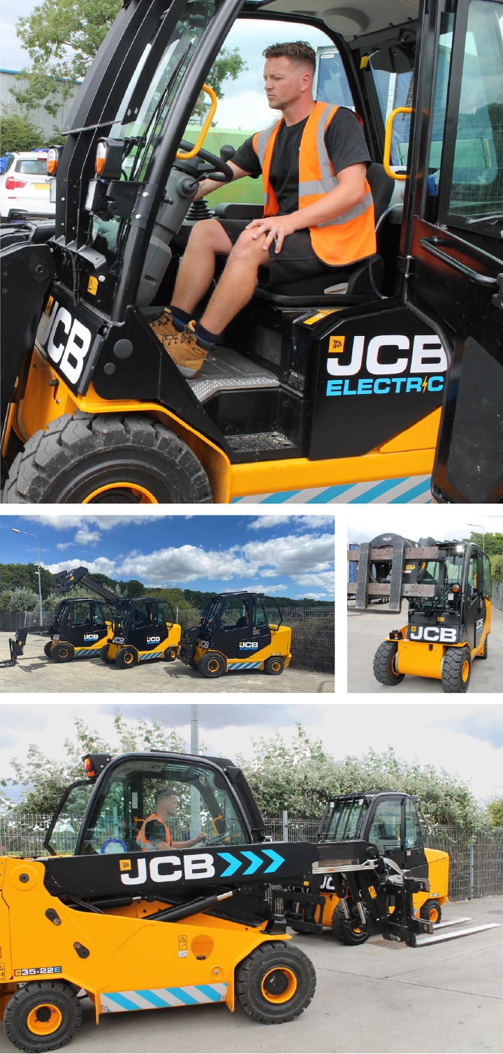 Group of images showing a Shred Station operative driving an electric JCB Teletruk