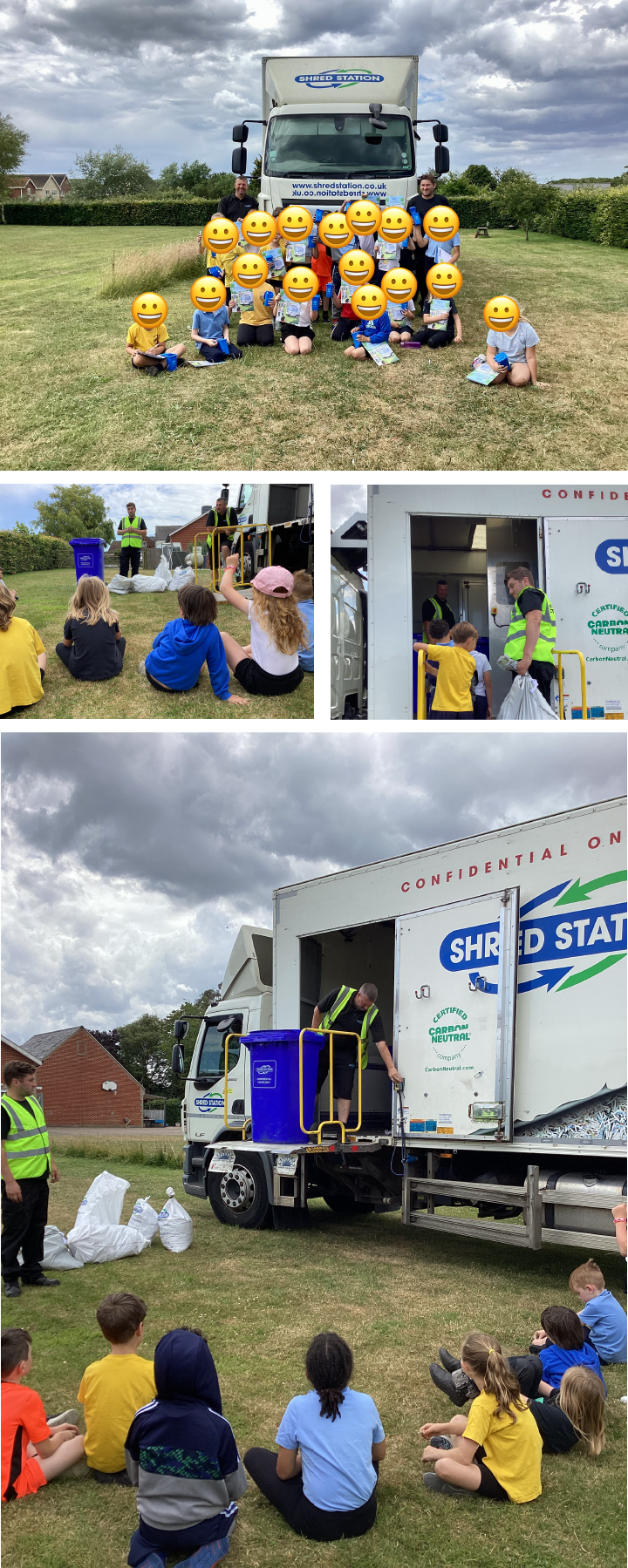 Images of Shred Station operatives, James and Garry, engaging with a class of children.