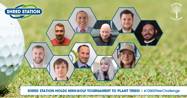 Image of ten members of Shred Station staff with a golf course in the background.