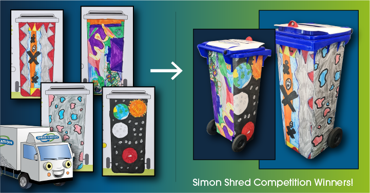 Simon Shred Activity Book Colouring Competition Winning Designs - Four designs and a bin with designs printed around.