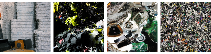 Image of shredded paper, shredded textiles, shredded hard drives and shredded floppy disks.