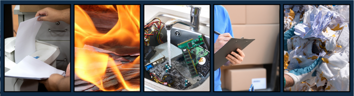 Images that show data destruction mistakes: using a small office shredder, burning, putting hard drives in water and putting confidential materials into general waste.