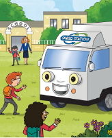 Cartoon image of shredding truck outside a school