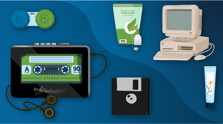 An illustration showing examples of obsolete or expired items including an old computer, cassette tape, floppy disk, cosmetics tube, tea carton and contact lens case.