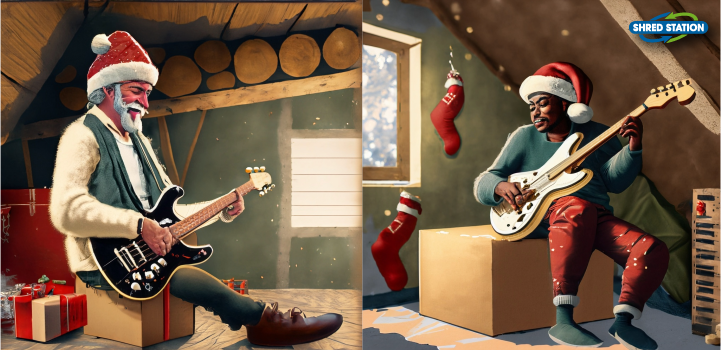 Image of men in loft playing bass guitar with a Christmas hat on