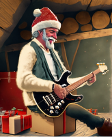Image of man in Christmas hat playing the bass guitar.
