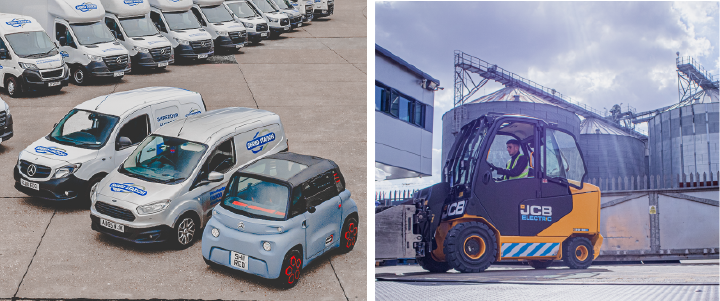 Image of Shred Station fleet vehicles and electric JCB forklift