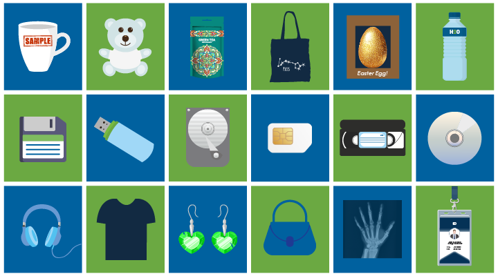 Illustration of many different product types including a mug, a teddy bear, food and drink packaging, textiles, data storage devices, clothes, ID cards, electronics and jewellery.