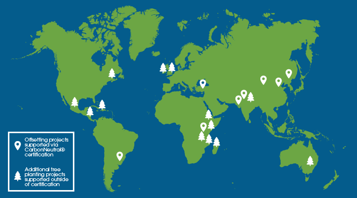 Map showing locations of Shred Station's offsetting projects and tree planting initiatives.