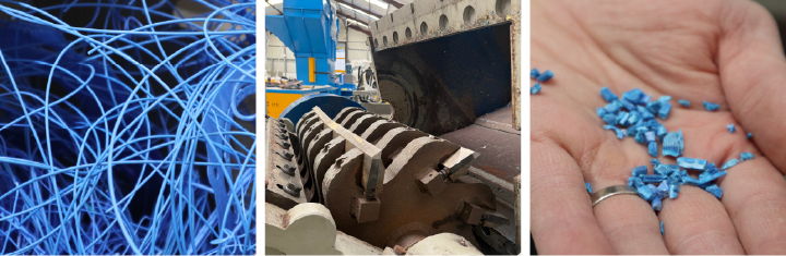 Three images to show whole plastic, a plastic granulator, and the whole plastic after granulation.