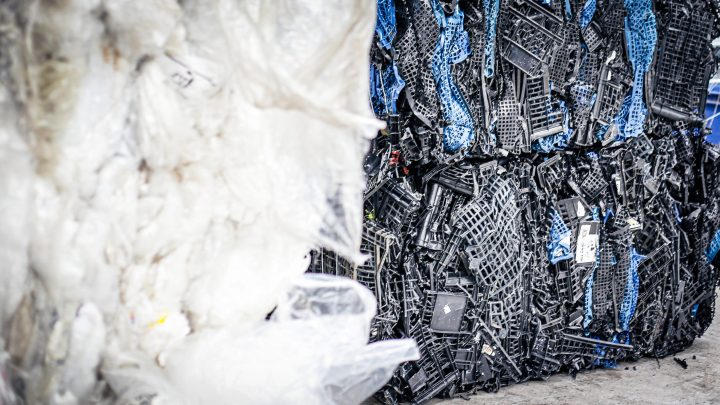 Photograph of soft and hard plastics, compressed and baled, ready for recycling at Shred Staton’s dedicated plastic recycling facility.