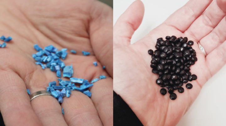 Photographs of granulated and reprocessed plastic
