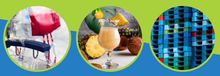 Image showing items made of and preserved by plastic including an IV bag, fruit juice, and plastic pallets.