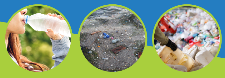 Photos displaying microplastics, a heap of plastic waste, and a plastic water bottle.