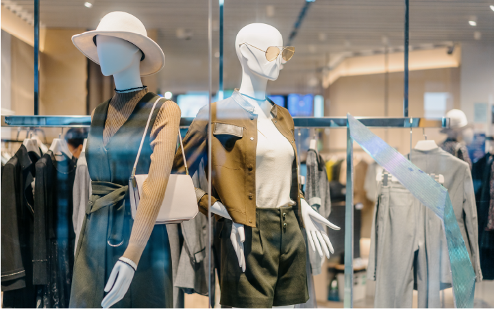 Mannequins wearing various types of textiles and clothing items and accessories